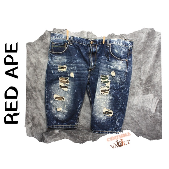 NWOT ~ Men’s RED APE Size 42 Distressed & Fashion Torn w/Camo Lining Shorts. - Picture 1 of 6